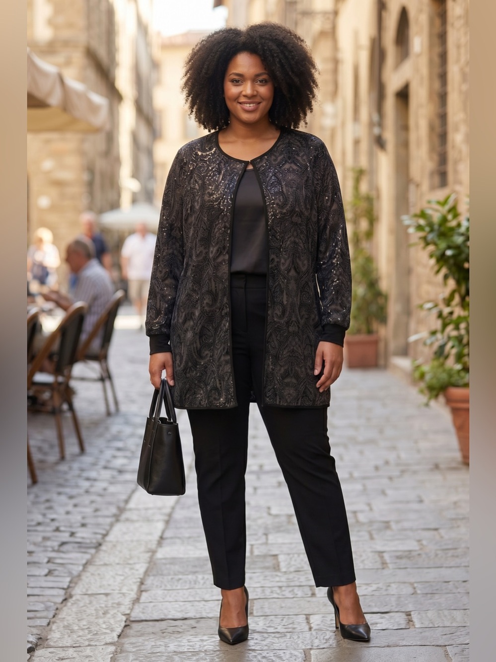 Embellished  Black Three Quarter  Jacket - Elegant Evening Layer Size 1X